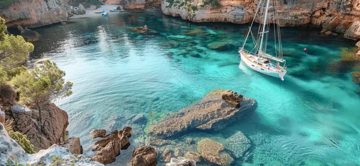 velero sobre aguas de mar  turquesa en una cala del mediterráneo. Paisaje de vacaciones en verano.